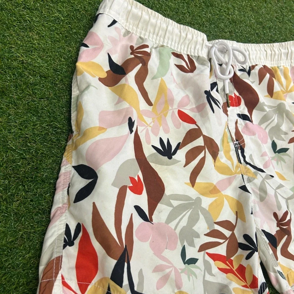 Charlie Holiday Mens Abstract Botanical Leaf Print Swim Shorts White Size 36